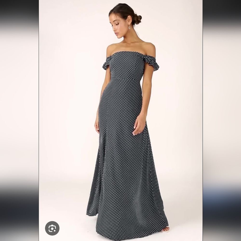 Lulu's Lulus Dream Love Navy Blue Polka Dot Off-the-Shoulder Maxi Dress S Small